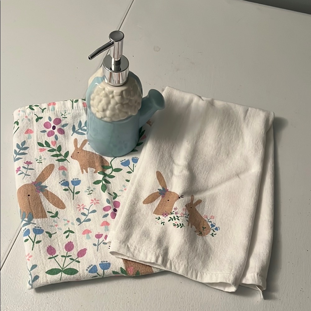 Floral Bunny Kitchen Towel Set with Soap Dispenser